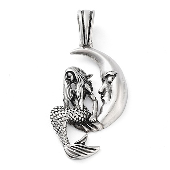 304 Stainless Steel Big Pendants, Moon with Mermaid Charm, Antique Silver, 50x25x4.8mm, Hole: 7.2x4.8mm