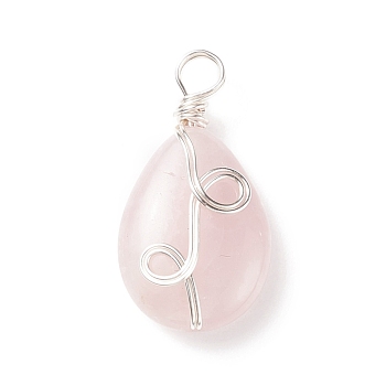 Natural Rose Quartz Pendants, with Silver Tone Eco-Friendly Copper Wire Wrapped, Teardrop Charm, 25.5x13x6.7mm, Hole: 3.4mm