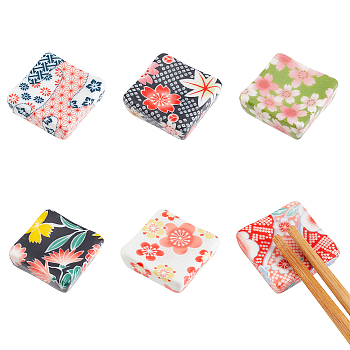 6Pcs 6 Colors Japanese Style Porcelain Chopsticks Stand, Chopsticks Rest, Square, Mixed Patterns, 34x34x11.5mm, 1pc/style