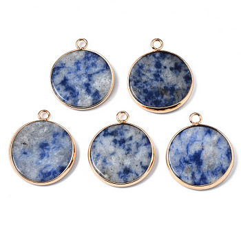 Natural Blue Spot Jasper Pendants, with Golden Plated Brass Edge and Loop, Flat Round, 25x21x3.5mm, Hole: 2mm