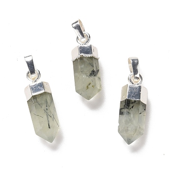 Natural Prehnite Pendants, with Brass Findings, Bullet, Silver, 19~21x7mm, Hole: 4x6mm