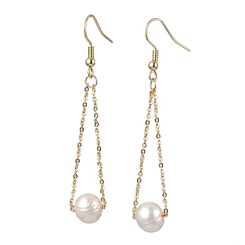 Natural Cultured Freshwater Pearl Beads with Brass Dangle Earrings, Round, Golden, 64x12mm