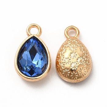 Faceted Glass Rhinestone Pendants, with Golden Tone Zinc Alloy Findings, Teardrop Charms, Royal Blue, 15x9x5mm, Hole: 2mm