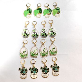 Pot Culture Alloy Enamel Pendant Stitch Markers, Crochet Leverback Hoop Charms, Locking Stitch Marker with Wine Glass Charm Ring, Mixed Color, 3.7~5cm, 4 style, 4pcs/style, 16pcs/set