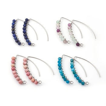 304 Stainless Steel Earring Hooks, with Natural Rhodochrosite & Lapis Lazuli & Apatite & Agate Beads, with Horizontal Loop, Packing Box, Mixed Color, 40x28x4mm, Hole: 2mm, 20 Gauge, Pin: 0.8mm