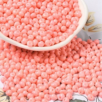 6/0 Opaque Baking Paint Glass Seed Beads, Teardrop, Salmon, 4.5~5x4x3~3.5mm, Hole: 0.9mm, about 5625Pcs/Pound