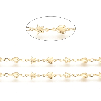 3.28 Feet Brass Link Chain, Long-Lasting Plated, Soldered, Star and Heart, Real 18K Gold Plated, 3.5x3x0.5mm, Star: 10.5x6x2mm, Heart: 10x5.5x2mm