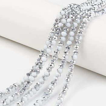 Electroplate Opaque Glass Beads Strands, Half Silver Plated, Faceted, Rondelle, White, 6x5mm, Hole: 1mm, about 83~85pcs/strand, 38~39cm