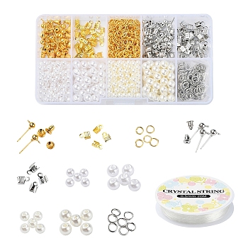 DIY Earrings Making Kits, Including Round ABS Plastic Imitation Pearl Beads, Iron Findings & Ear Nuts & Folding Crimp Ends & Open Jump Rings, Elastic Crystal Thread, Mixed Color, Beads: 400pcs/set