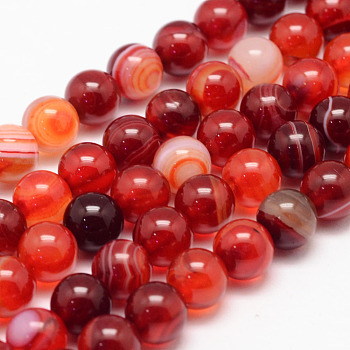 Natural Striped Agate/Banded Agate Bead Strands, Round, Grade A, Dyed, Chocolate, 8mm, Hole: 1mm, about 47~48pcs/strand, 14.5 inch