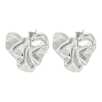 Non-Tarnish 304 Stainless Steel Stud Earrings, Textured Heart, Stainless Steel Color, 24x24mm