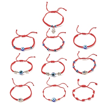 10Pcs 10 Style Resin Evil Eye Braided Bead Bracelets Set, Hamsa Hand & Turtoise & Elephant Alloy Link Adjustable Bracelets for Women, Red, Inner Diameter: 1-1/2~3 inch(3.9~7.65cm), 1Pc/style