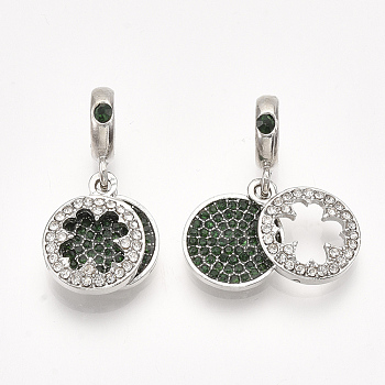 Alloy European Dangle Charms, with Rhinestone, Large Hole Pendants, Flat RoundEmerald & Crystal with Clover, Emerald & Crystal, Platinum, 27mm, Hole: 5mm