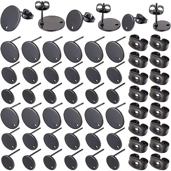 36Pcs 3 Size Flat Round 304 Stainless Steel Stud Earring Findings, with Hole and Ear Nuts, Black, 8~12x1mm, Hole: 1.2~1.4mm, Pin: 0.8mm, 12pcs/size