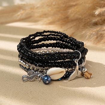 Bohemian Glass Beaded Stretch Bracelet Sets, Summer Beach Stackable Charm Bracelets for Women