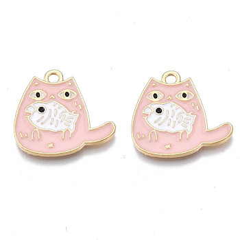 Alloy Enamel Pendants, Cadmium Free & Nickel Free & Lead Free, Light Gold, Cat with Fish, Pink, 18.5x20x1.5mm, Hole: 2mm