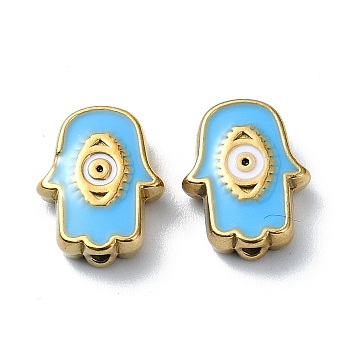 Ion Plating(IP) 304 Stainless Steel Enamel Beads, Real 18K Gold Plated, Hamsa Hand with Eye, Light Sky Blue, 9x12x3.5mm, Hole: 1.2mm