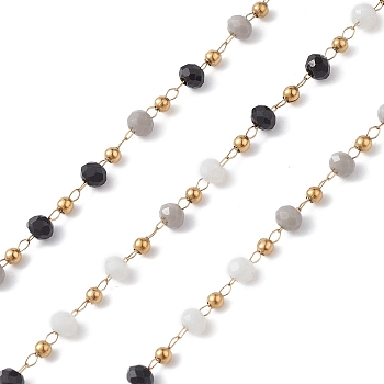 Handmade Glass Beaded Chains, Faceted, Unwelded, with 304 Stainless Steel Chains, Golden, Round, Black, 2~3x2~2.5mm