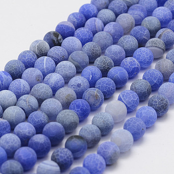 Frosted Natural Weathered Agate Beads Strands, Round, Dyed & Heated, Royal Blue, 8mm, Hole: 1mm, about 48pcs/strand, 14.5 inch