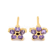 Brass Micro Pave Cubic Zirconia Stud Earrings for Women, Lead Free & Cadmium Free, Star, Purple, Real 18K Gold Plated, 8x8.5mm(EJEW-U015-10G)