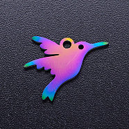 Ion Plating(IP) 304 Stainless Steel Charms, Hummingbird, Rainbow Color, 13x15x1mm, Hole: 1.5mm(STAS-Q201-JN219)