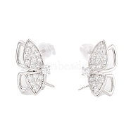 925 Sterling Silver with Cubic Zirconia Stud Earrings Findings, Butterfly, Real Platinum Plated, 13.5x6.5mm, Pin: 0.6x11mm and 0.6mm(EJEW-B038-01P)