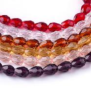 Transparent Glass Bead Strands, Faceted Teardrop, Mixed Color, 8x6mm, Hole: 1mm, about 65pcs/strand, 17.99 inch(45.7cm)(GLAA-R024-6x8mm-M)