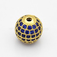 Brass Micro Pave Grade AAA Cubic Zirconia Beads, Cadmium Free & Nickel Free & Lead Free, Round, Blue, Golden, 6mm, Hole: 1mm(KK-E711-6mm-114G-NR)