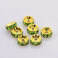 Brass Rhinestone Spacer Beads, Grade A, Straight Flange, Golden Metal Color, Rondelle, Peridot, 8x3.8mm, Hole: 1.5mm(RB-A014-Z8mm-07G)
