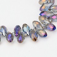 Electroplate Glass Beads Strands, Top Drilled Beads, Faceted Teardrop, Full Rainbow Plated, Purple, 12x6mm, Hole: 1mm, about 100pcs/strand, 15.7 inch(EGLA-J068-FR03)