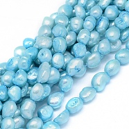 Dyed Natural Cultured Freshwater Pearl Beads Strands, Oval, Sky Blue, 10~15x6~10mm, Hole: 0.8mm, about 30~34pcs/strand, 14.1 inch(36cm)(PEAR-L021-15H-01)