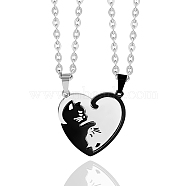 Two Tone Heart Puzzle Matching Necklaces Set, Cat Yin Yang Pendant Necklaces, Love Magnetic 316L Surgical Stainless Steel Necklaces for Women Men Lovers Gift, Gunmetal & Platinum, 23.62 inch(60cm), 2pcs/set(JN1010A)