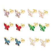 Brass Micro Pave Cubic Zirconia Stud Earring, Real 18K Gold Plated, Butterfly, Mixed Color, 8x9.5mm, Pin: 1mm(EJEW-C021-03G)