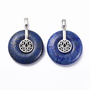 Natural Lapis Lazuli Pendants, with Platinum Tone Brass Findings, Donut/Pi Disc with Lotus, 35.5x30x8.5~9.5mm, Hole: 4.5x6.5mm(G-F640-B08)