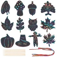 DIY Thanksgiving Day Scratch Art Paper Bookmark Making Kit, Including Chicken & Cap & Owl & Filbert Paper Blank Card, Silk Ribbon, Bamboo Sticks, Black, Blank Card: 77~129x63~120x0.2mm, Hole: 4mm, 12Pcs/set(DIY-WH0401-65)