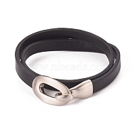 Imitation Leather Wrap Bracelets, 2-Loops, with Alloy Clasps, Oval, Platinum, Black, 15-1/8 inch(38.7cm), 8x2.5mm(BJEW-G620-F03)