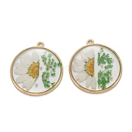 Epoxy Resin Pendants, with Alloy Findings and Dried Flower Inside, Flat Round, White, 32.5x29.5x3mm, Hole: 1.8mm(ENAM-C070-04G)