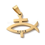 PVD Vacuum Plating 304 Stainless Steel Pendants, Jesus Fish with Cross & Word Acts Charms, Religion, Golden, 21x25x2mm, Hole: 7x3.5mm(STAS-L081-044G)