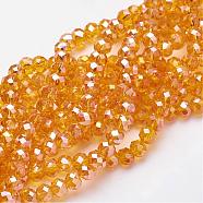 Electroplate Glass Beads Strands, AB Color Plated, Faceted, Rondelle, Orange, 6x4mm, Hole: 1mm, about 85~88pcs/strand, 16.1~16.5 inch(41~42cm)(EGLA-D020-6x4mm-51)