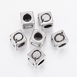 304 Stainless Steel Large Hole Letter European Beads, Cube with Letter.Q, Antique Silver, 8x8x8mm, Hole: 5mm(STAS-H428-01AS-Q)