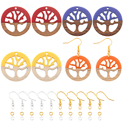 Olycraft DIY Dangle Earring Making Kits, Including Resin & Wood Pendants, Brass Earring Hooks & Jump Rings, Flat Round with Tree, Mixed Color, Pendants: 28x2.5~4.5mm, Hole: 1.8mm, 4 colors, 2pcs/color, 8pcs/box(DIY-OC0005-12)