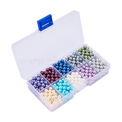 10 Color Eco-Friendly Glass Pearl Beads,Pearlized, Round, Dyed, Mixed Color, 6mm, Hole: 1.2~1.5mm, about 60pcs/compartment, 600pcs/box(HY-YW0001-01D)
