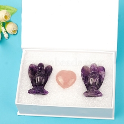 Natural Amethyst Carved Healing Angel & Rose Quartz Heart Set Figurines, Reiki Energy Stone Display Decorations, 27x39mm, 3pcs/set(PW-WG65171-03)