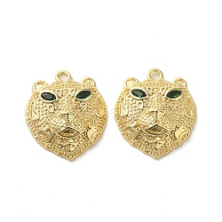 Brass Micro Pave Green Cubic Zirconia Pendants, Leopard Head, Real 18K Gold Plated, 17x14.5x5.5mm, Hole: 1.5mm(KK-G481-08G)