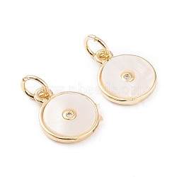 Brass Micro Pave Cubic Zirconia Charms, with White Shell, Long-Lasting Plated, Flat Round, Real 18K Gold Plated, 12.5x10x2mm, Hole: 3mm(KK-F814-08G)