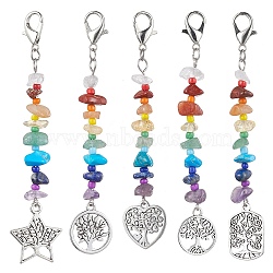 Tree of Life Tibetan Style Alloy Pendant Decorations, with Natural Gemstone Chip Beads and Lobster Claw Clasps, Mixed Shapes, 92~95mm, Pendansts: 73~77x14~21mm(HJEW-JM01667)
