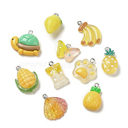 Resin Pendants, with Platinum Plated Iron Loops, Pineapple & Tortoies & Shell, Mixed Shapes, Yellow, 14~25x13~24x5~11.5mm, Hole: 2mm, about 10pcs/bag(RESI-P027-04M)