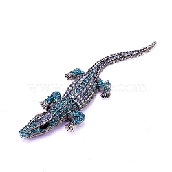 Alloy Rhinestones Alligator Brooches, Crocodile Brooches, Platinum, Indicolite, 143x44.5mm(JEWB-S022-07C)