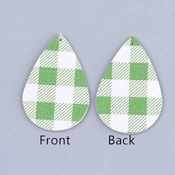 PU Leather Big Pendants, teardrop, with Check Pattern, Lime Green, 56x37x1.5mm, Hole: 1.2mm
