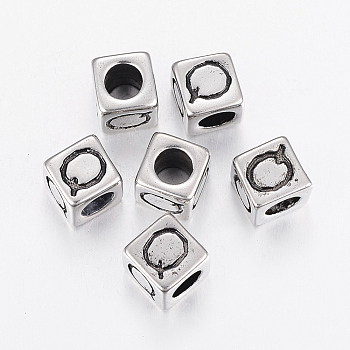 304 Stainless Steel Large Hole Letter European Beads, Cube with Letter.Q, Antique Silver, 8x8x8mm, Hole: 5mm